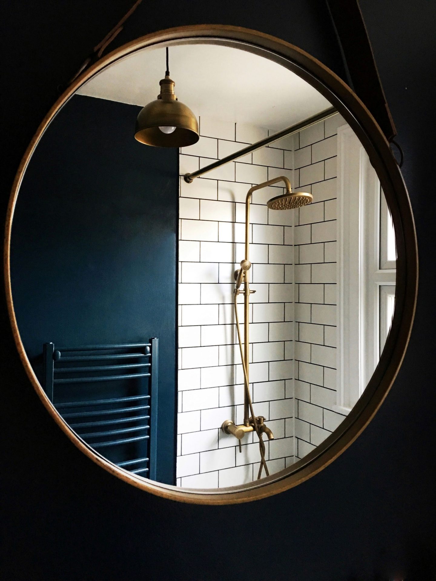 Hague blue metro tiles brass fittings bathroom